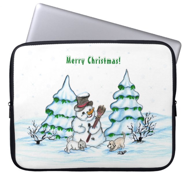 Capa Para Notebook Feliz Natal! Neve com Cat e Puppy (Frente)