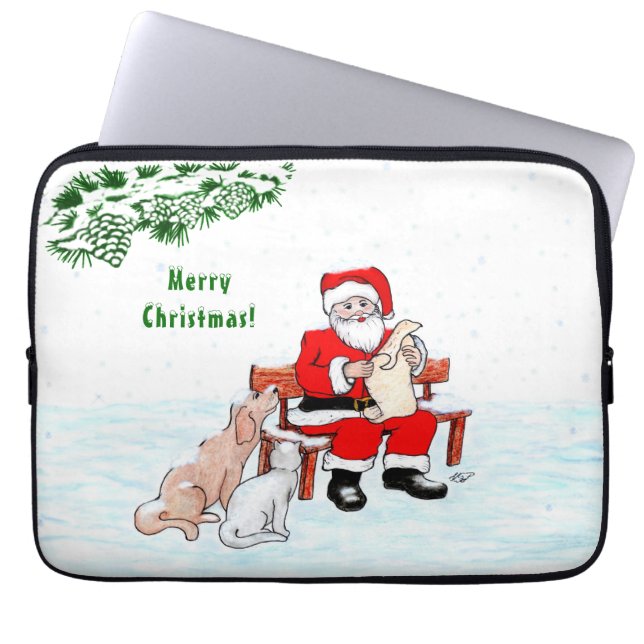 Capa Para Notebook Feliz Natal! Papai Noel com Gato e Cão (Frente)
