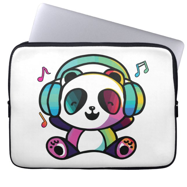 Capa Para Notebook Feliz Panda com fones de ouvido ouvindo música. (Frente)