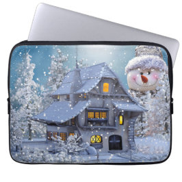 Capa Para Notebook Festa de Natal Inverno Branco Boneco de Neve Azul