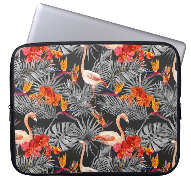 Capa Para Notebook Flamingo e flores, padrão monocromático. (Frente)