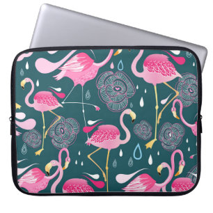 Capa Para Notebook Flamingos Fllowers: Gráfico Escuro Sem Costura.