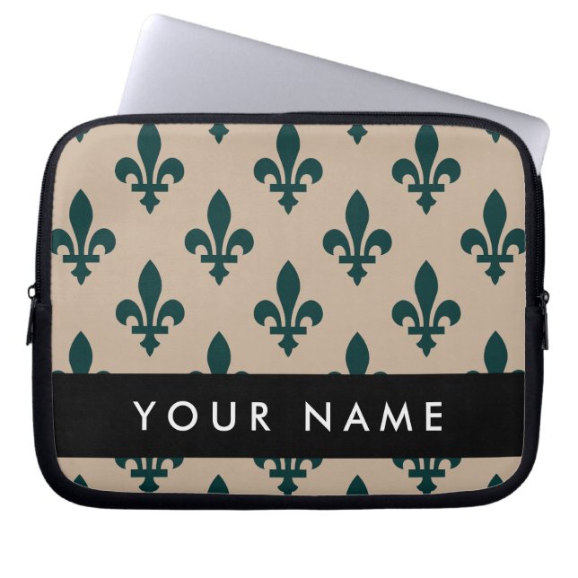 Capa Para Notebook Fleur de Lis, Verde sobre Bege, Real, Seu Nome (Frente)