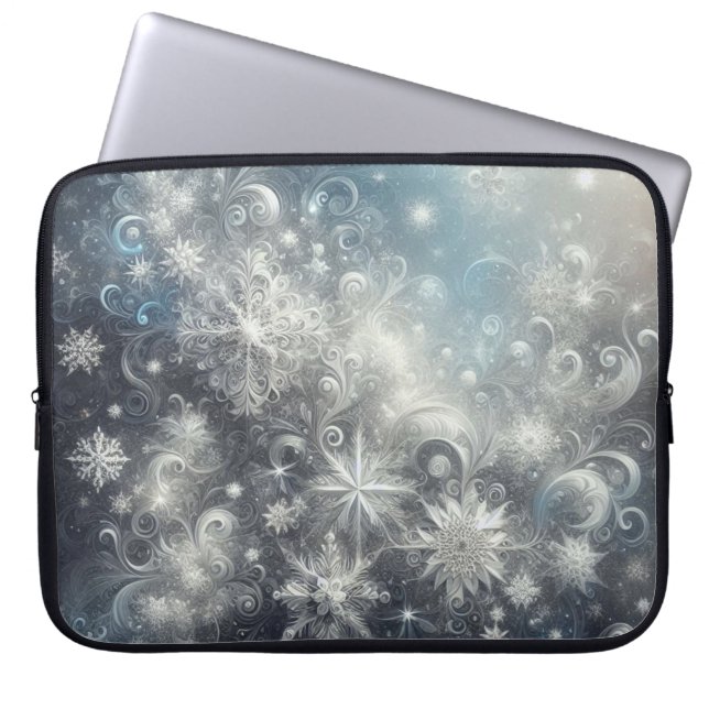 Capa Para Notebook Floco de neve de prata e azul Inverno (Frente)