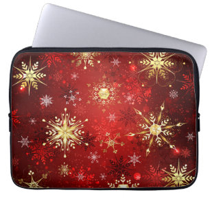 Capa Para Notebook Flocos de neve do Ouro de Natal em Fundo Vermelho