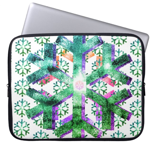 Capa Para Notebook Flocos de Neve Rosa, Roxo + Verde em Bolsa de Elet (Frente)