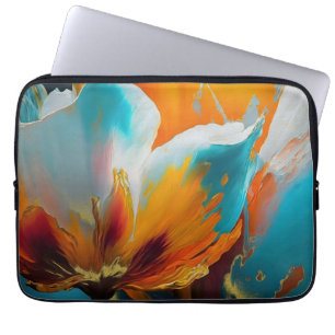 Capa Para Notebook Flor Abstrata em Laranja e Azul Turquesa