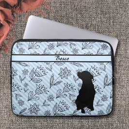 Capa Para Notebook Flor Azul Preto com Silhueta Canina