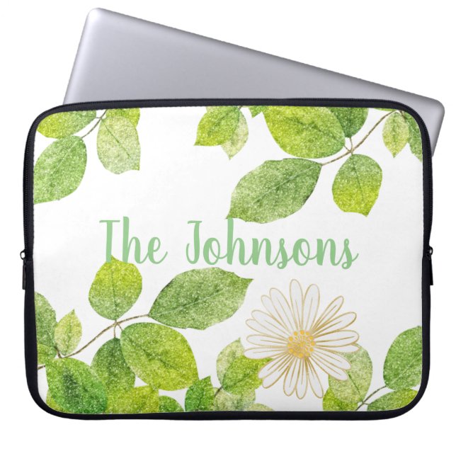 Capa Para Notebook Flor Branco e Jardim de Folhas Verde (Frente)