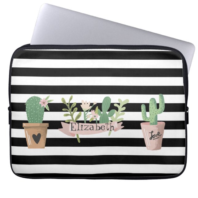 Capa Para Notebook Flor Cactus - Stripes Brancas Pretas (Frente)
