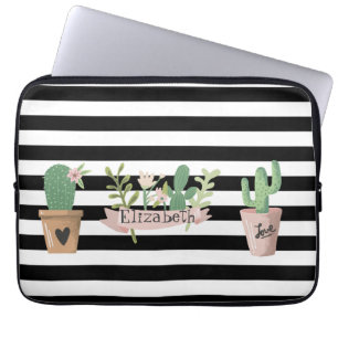Capa Para Notebook Flor de Cacto Listras Pretas e Brancas