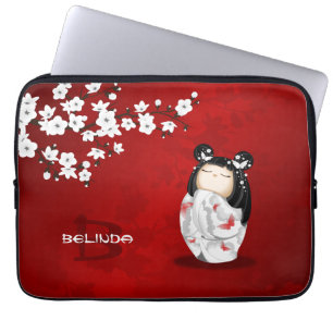 Capa Para Notebook Flor de Cereja Branco Vermelho Negro Negro Kokeshi