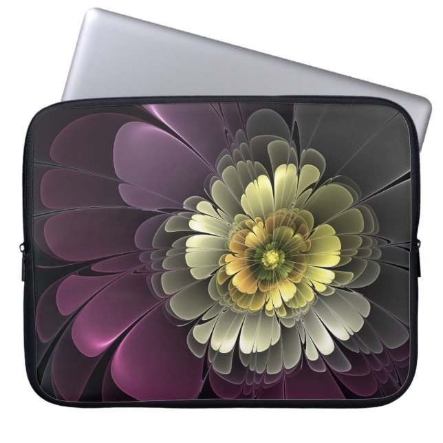 Capa Para Notebook Flor de Fractal Abstrato Moderno Purpur Khaki Cinz (Frente)