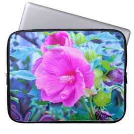 Capa Para Notebook Flor de Hibisco Rosa Elegante com Folhagem Aquátic