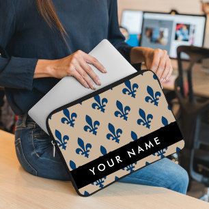 Capa Para Notebook Flor de Lis, Azul Marinho em Bege, Real, Seu Nome