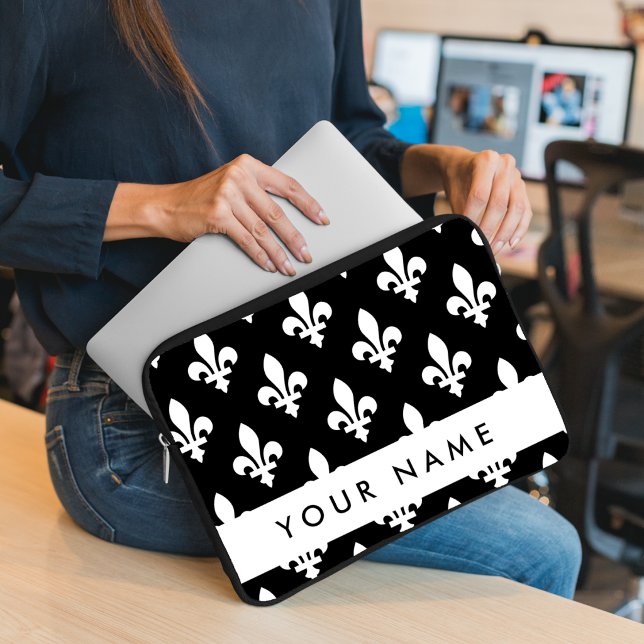 Capa Para Notebook Flor de Lis, Branco sobre Preto, Branco, Seu Nome (Criador carregado)
