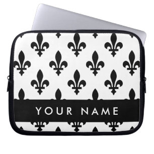 Capa Para Notebook Flor de Lis, Preto sobre Branco, Preto, Seu Nome