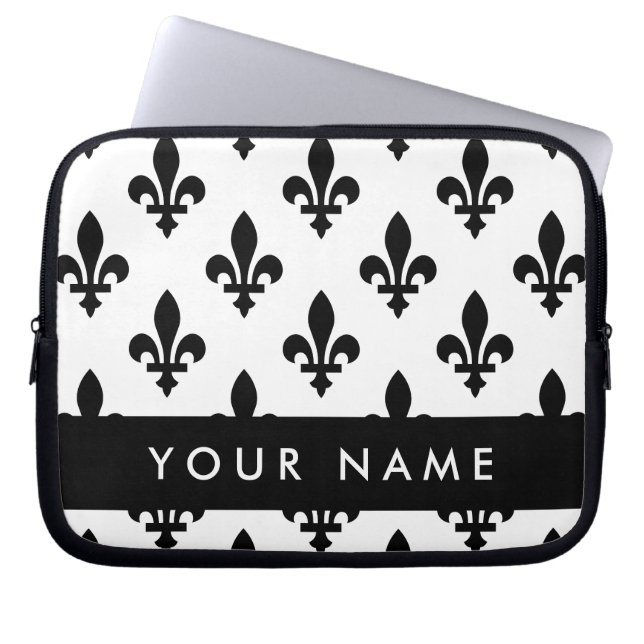 Capa Para Notebook Flor de Lis, Preto sobre Branco, Preto, Seu Nome (Frente)