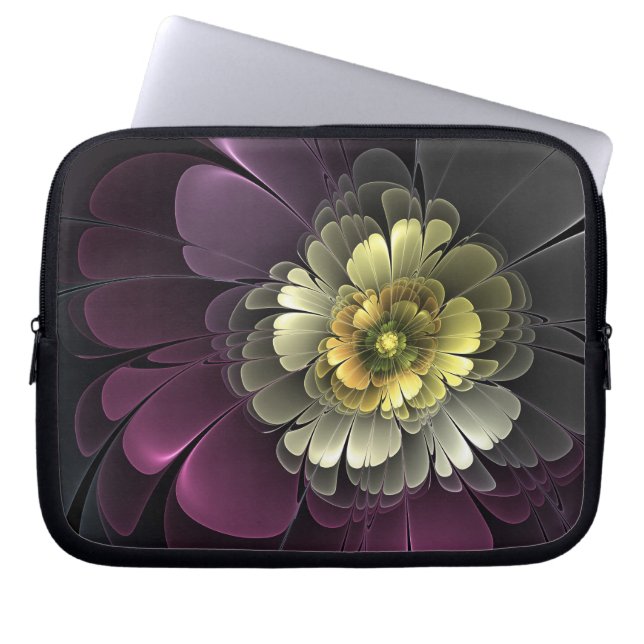 Capa Para Notebook Flor Fractal Abstrata Moderna Purpura Cinza Khaki (Frente)