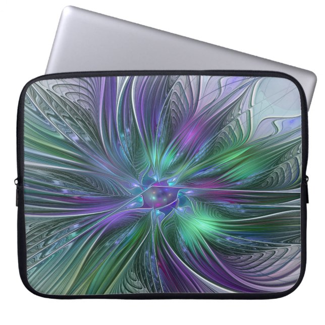 Capa Para Notebook Flor Moderna Arte Abstrata Fractal Roxa Verde (Frente)