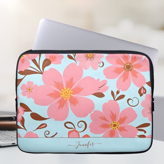 Capa Para Notebook Florais Cor-de-Rosa- Flores De Pastel Vibes-Retro (Pink Floral Mood –Pastel Vibes-Laptop Sleeve-Personalize)