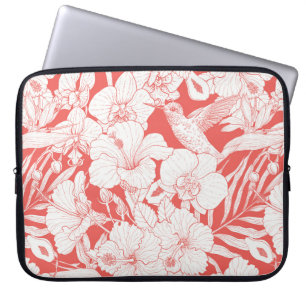 Capa Para Notebook Florais Tropicais e Beija-flor em coral e fora