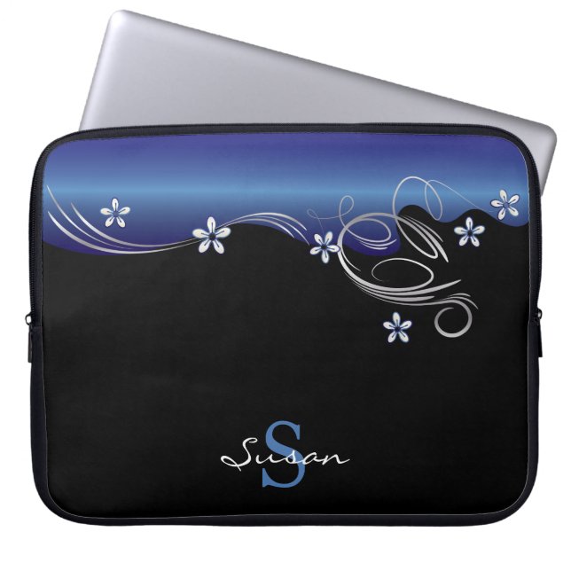 Capa Para Notebook Floral Elegante em Azul e Preto Sapphire (Frente)