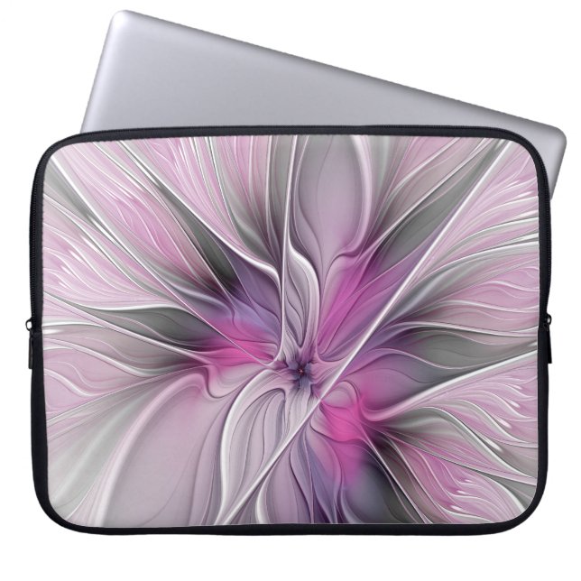 Capa Para Notebook Floral Fractal Moderno Abstrato Flor Rosa Cinza (Frente)