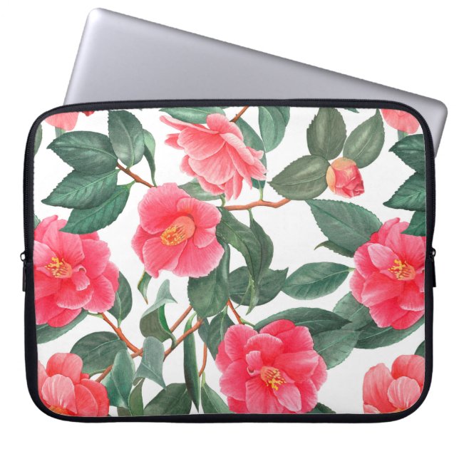 Capa Para Notebook Floral sem costura, flores vermelhas da camélia (Frente)