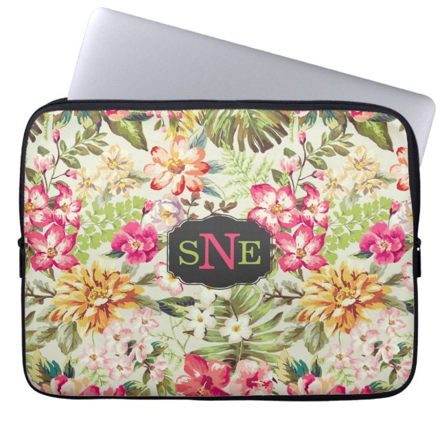Capa Para Notebook Floral tropical rosa e verde (Frente)