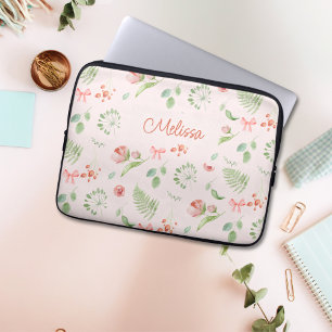 Capa Para Notebook Floral Verde Rosa, Encantado Moderno, Com Nome