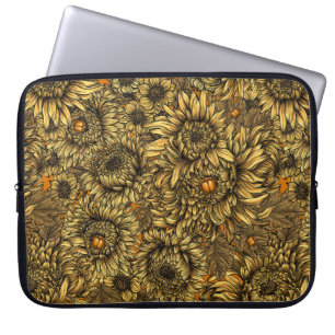 Capa Para Notebook Flores amarelas do crisântemo e besouros alaranjad