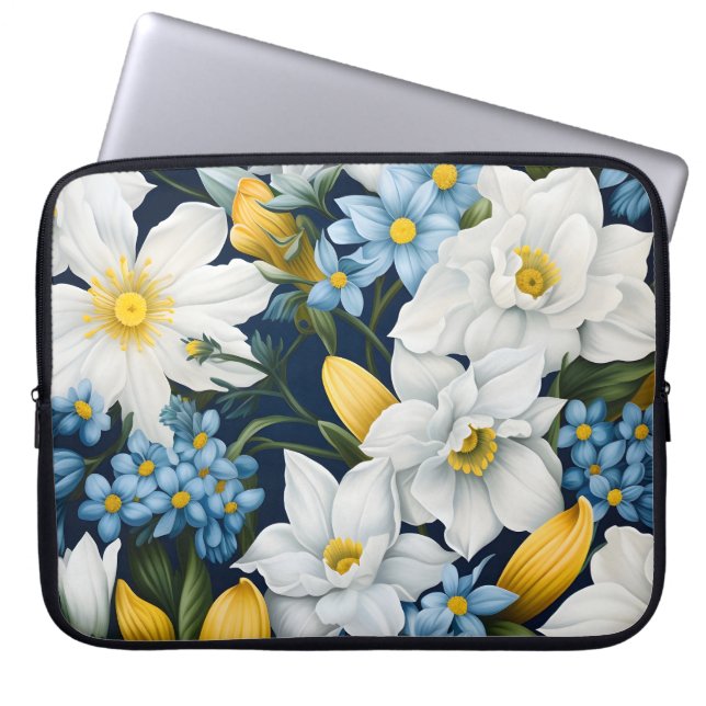 Capa Para Notebook Flores Azuis Brancas (Frente)