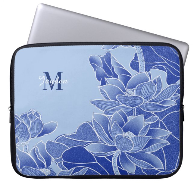 Capa Para Notebook Flores Azuis do Monograma Personalizadas Lotus Man (Frente)