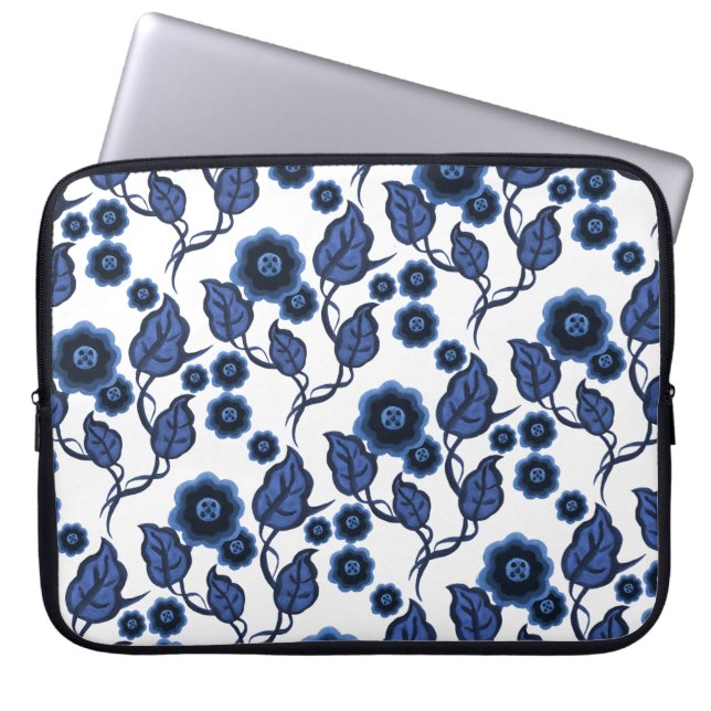 Capa Para Notebook Flores azuis, folhas azuis, Folk art floral (Frente)