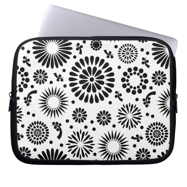 Capa Para Notebook Flores boho Padrão floral vetorial preto e branco (Frente)