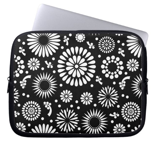 Capa Para Notebook Flores boho Padrão floral vetorial preto e branco (Frente)