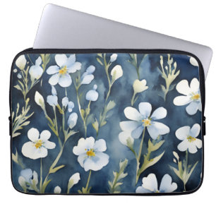 Capa Para Notebook Flores brancas azuis Aquarela Chic