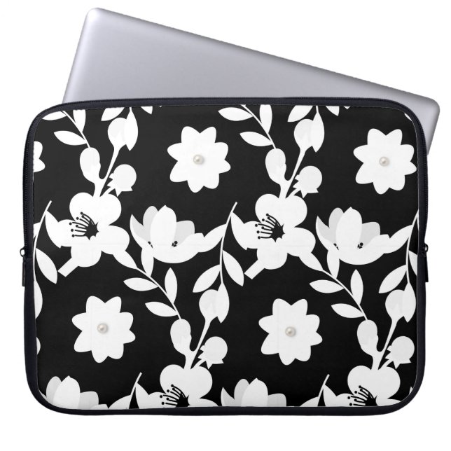 Capa Para Notebook Flores brancas com pérolas em preto (Frente)