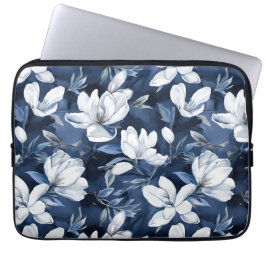 Capa Para Notebook Flores Brancas da Magnolia, Fundo Azul