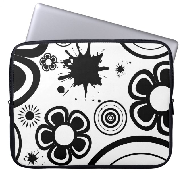 Capa Para Notebook Flores caprichosas em preto e branco, círculos, re (Frente)