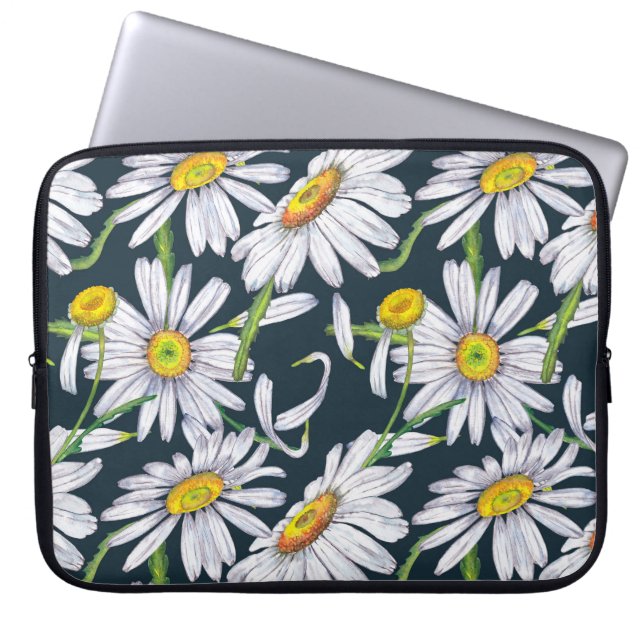 Capa Para Notebook Flores Chamomila: Cor Azul Escura Da Água. (Frente)