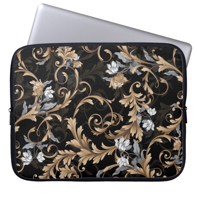 Capa Para Notebook Flores clássicas barrocas: fundo negro. (Frente)