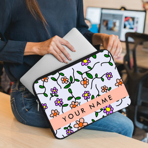 Capa Para Notebook Flores Coloridas, Fundo Azul, Laranja