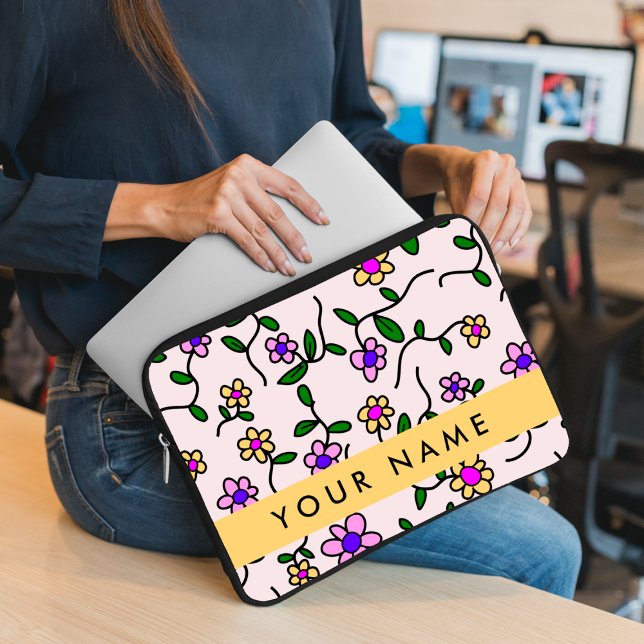 Capa Para Notebook Flores Coloridas, Fundo Rosa, Amarelo (Criador carregado)