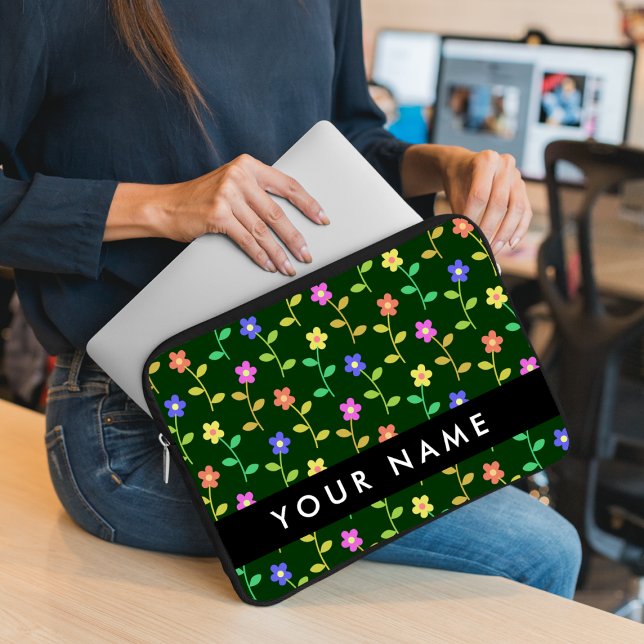Capa Para Notebook Flores Coloridas, Fundo Verde, Preto (Criador carregado)