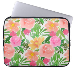 Capa Para Notebook Flores cor-de-rosa aquarela e folhas verdes