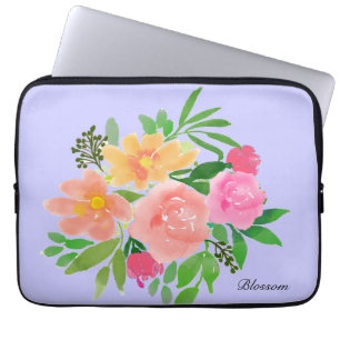 Capa Para Notebook Flores cor-de-rosa aquarela & folhas verdes