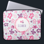 Capa Para Notebook Flores cor-de-rosa e corações azuis<br><div class="desc">Bolsa de laptop com um padrão floral fofo. Composto de flores rosadas e roxas irregulares, em estilo de entalhe retrô-60. Os corações azuis desbotados, penteiam o fundo num pano de fundo azul pálido. Um círculo branco com uma borda cor-de-rosa fofinha com pontos e contornos com seu nome ou outro texto...</div>