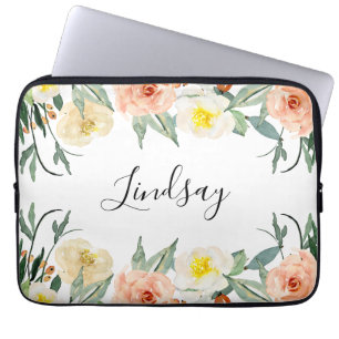 Capa Para Notebook Flores De Aquarelas Modernas De Pêssego Monograma